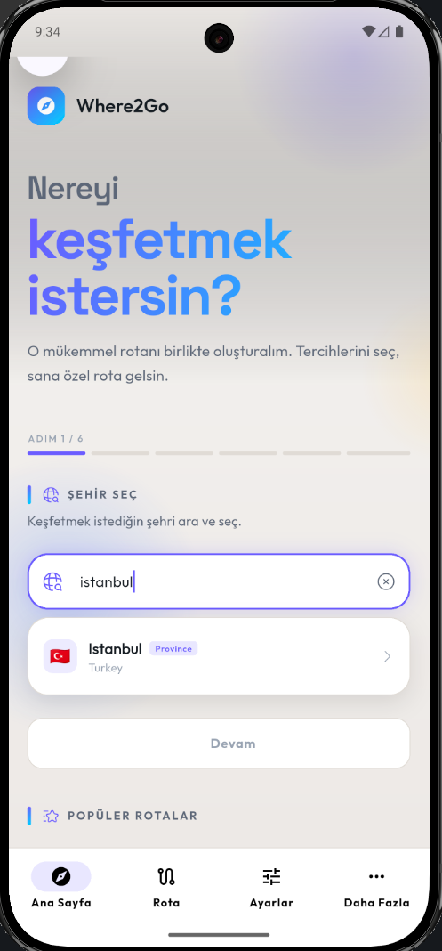 Where2Go şehir seçme ekranı